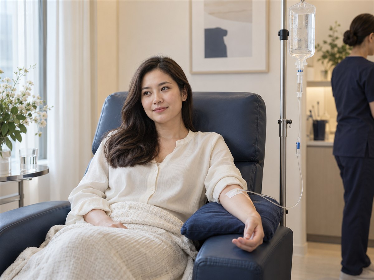 ภาพประกอบ AI: ผู้หญิงนั่งรับการดูแลด้วยสารน้ำทางหลอดเลือดในห้องบริการ